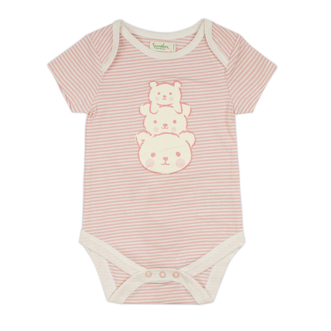 Greendeer Pure Cotton Half Sleeve Baby Bodysuit -Bear Family - Pink