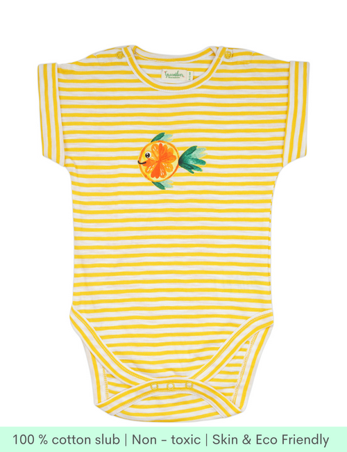 Greendeer Pure Cotton Half Sleeve Baby Bodysuit - Fishy & Bubbles Set of 2 - Yellow, Navy