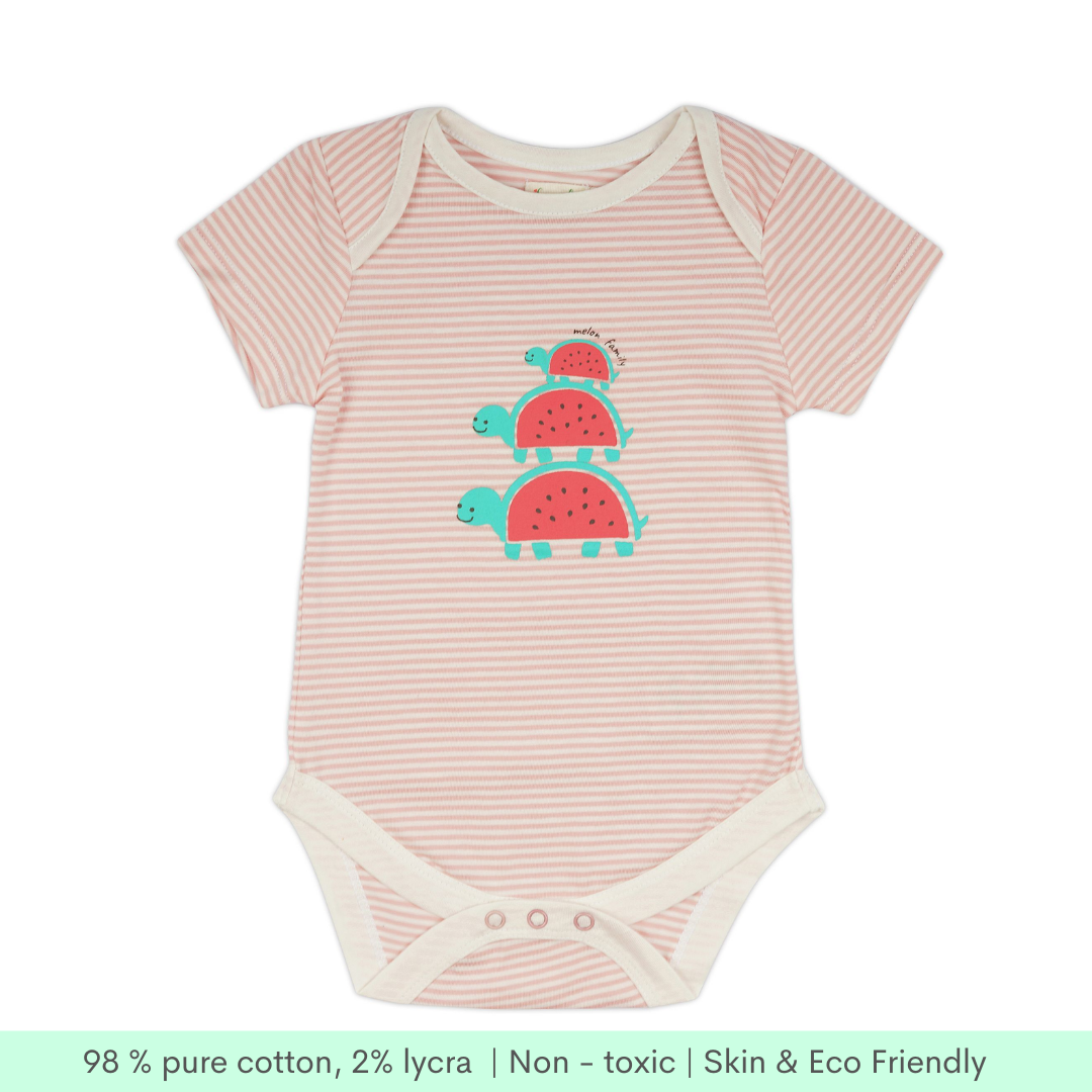Greendeer Pure Cotton Half Sleeve Baby Bodysuit - Fruit Family Set of 2- Pink, White
