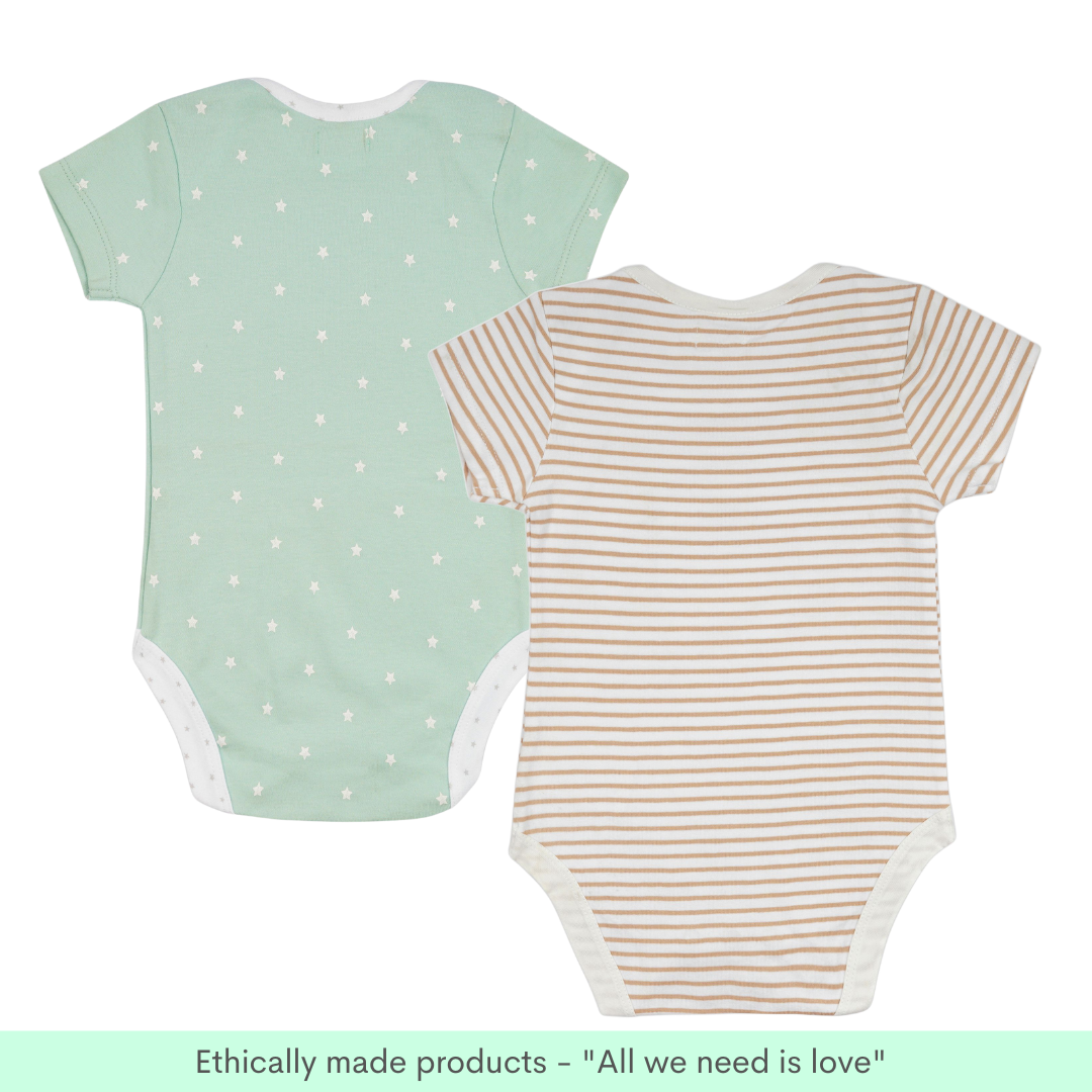 Greendeer Pure Cotton Half Sleeve Baby Bodysuit - Save the Sea Set of 2 - Beige, Green