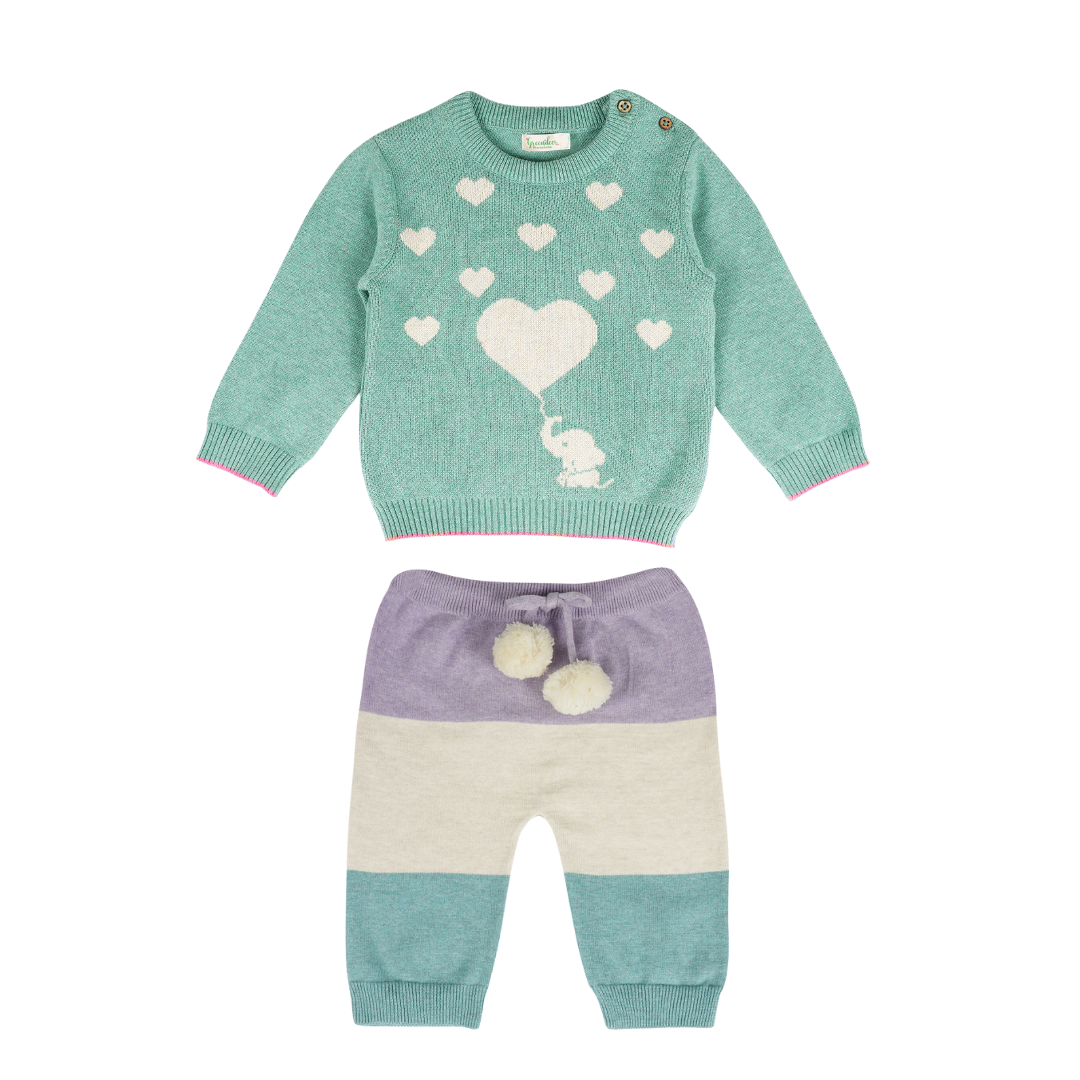 Greendeer Fullsleeves Baby Elephant Love Sweater Set - Sea Weed