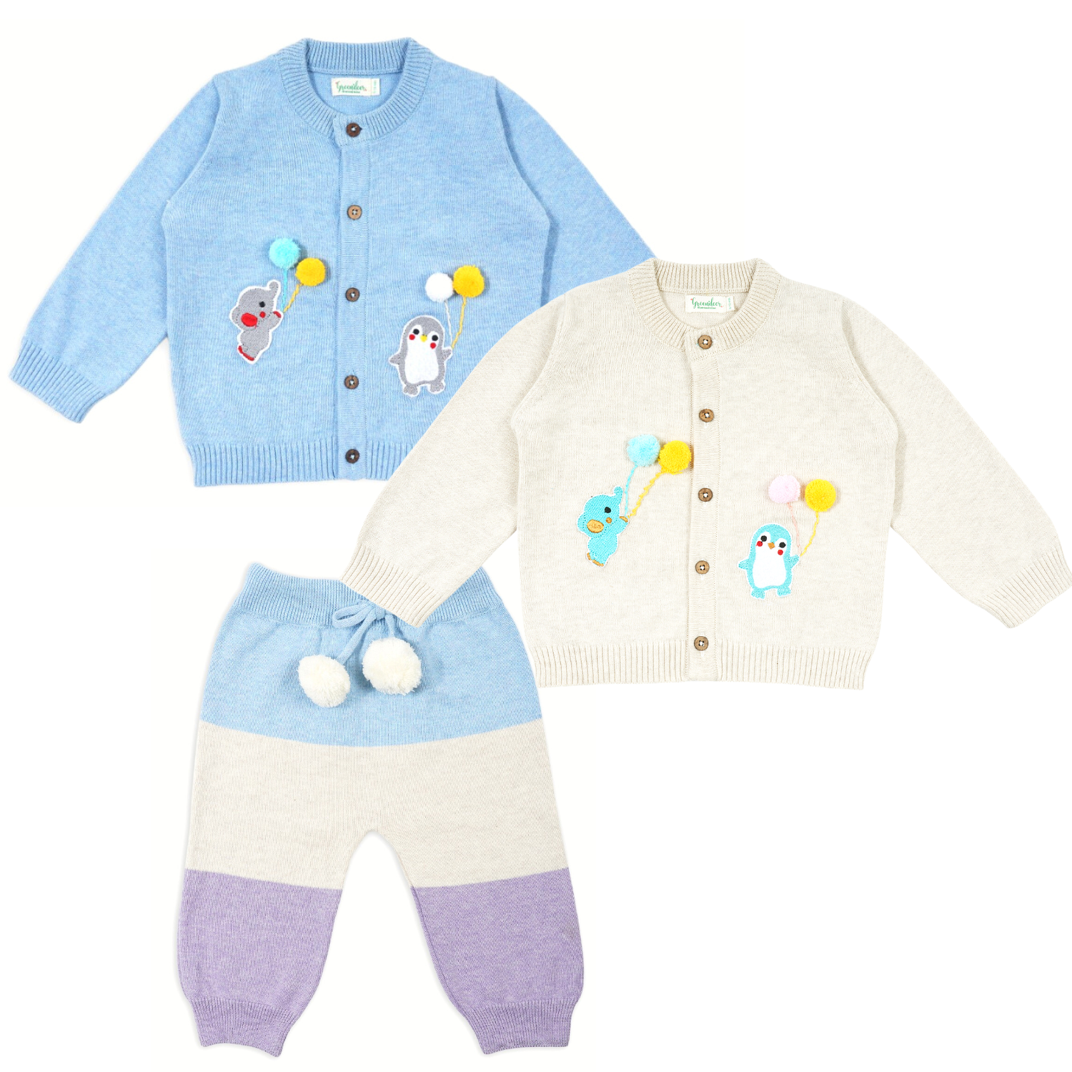 Blue and Organic White Happy Ballon Sweater and Lower Combo Set of 3